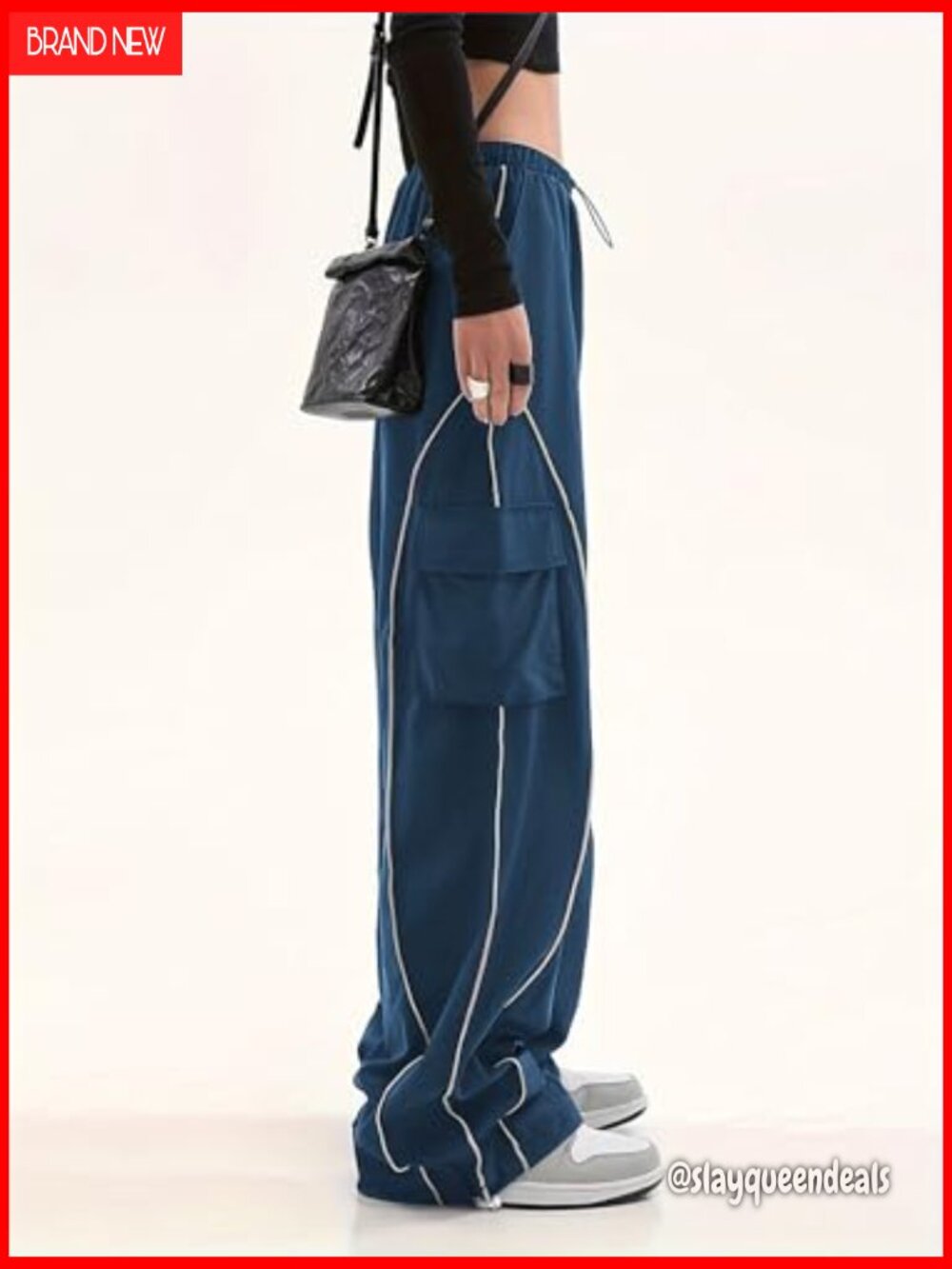 Baggy Cargo Pants Elastic Waist Y2K Parachute Track Pants Wide Leg with Pockets - Picture 4 of 6